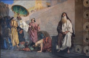ציור סמלי על סירובו של מרדכי להשתחוות להמן מויקופדיה , אבל מסתבר שמרדכי לא היה לבוש כפי שהוא הוצג בציור